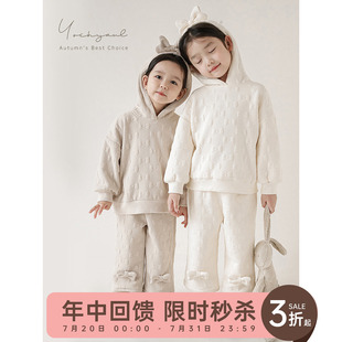 儿童蝴蝶结连帽卫衣针织提花保暖长裤 幼悠女童秋冬加绒套装 两件套