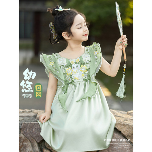 幼悠女童绿野仙踪重工刺绣汉服裙2025夏季清爽透气萌兔绣花连衣裙