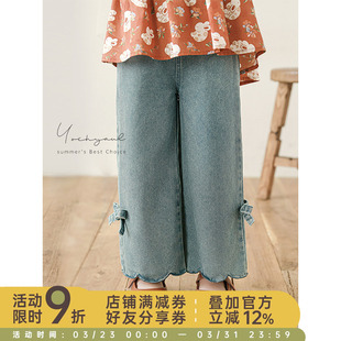 气波浪密边百搭休闲裤 清新元 子潮 2025夏季 幼悠女童小蝴蝶结牛仔裤
