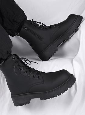 马丁靴男款冬季英伦风黑色高帮皮鞋拉链机车靴子男生增高工装皮靴