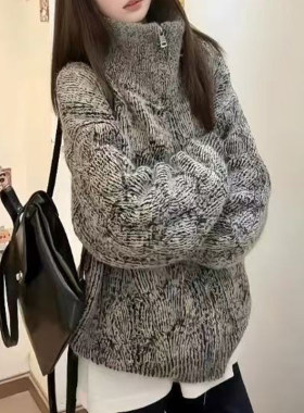 秋冬季新款翻立领羊毛针织衫女宽松韩版大码花灰色慵懒风拉链开衫