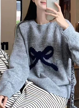 秋冬季新款羊毛针织衫女蝴蝶结圆领韩版套头宽松大码毛衣打底衫