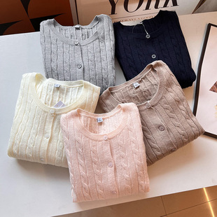 休闲百搭毛衣471612 外套空调衫 女2024纽花圆领针织开衫 长袖