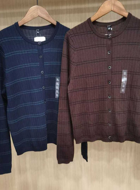 日系女装精纺美利奴羊毛罗纹圆领休闲条纹针织短开衫毛衣481408