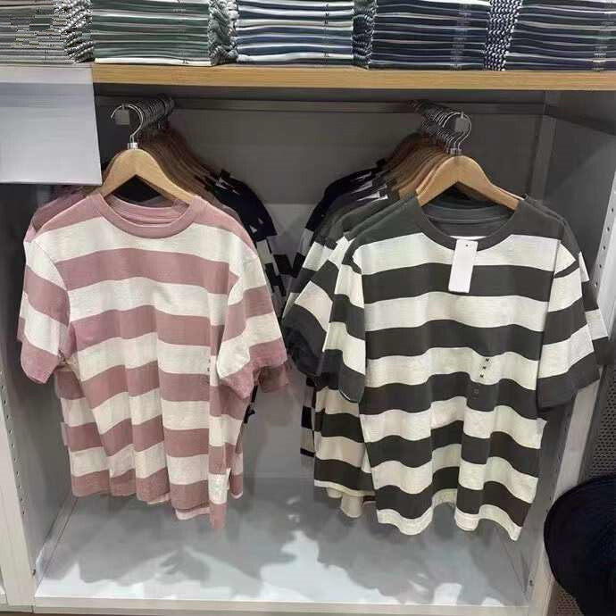 日单2025年夏男装女装宽松条纹T恤五分袖情侣款短袖学院风C468879