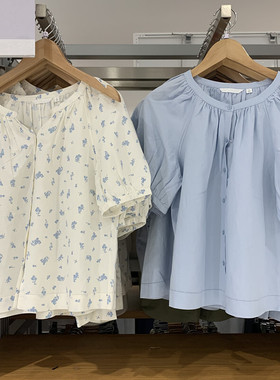 日系女装2025春夏新款麻混纺泡泡袖衬衫短袖衬衣打褶上衣女475655