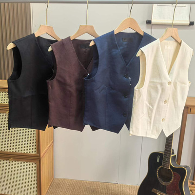 日系新品:C轻熟V领纽扣马甲休闲女春法国麻背心西装马甲夹 484276