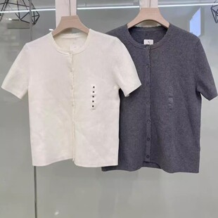 试衣间出品春夏花边圆领针织短袖单排扣针织毛衫短款上衣女482978