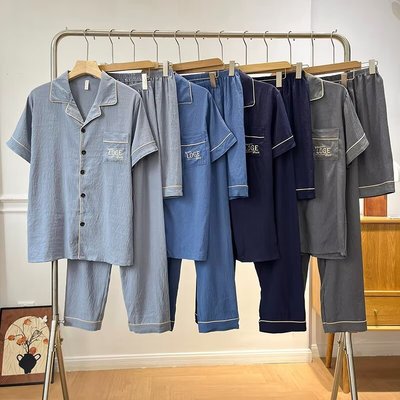 男士睡衣三件套纯棉短袖长裤夏天薄款男式青中年可外穿大码家居服