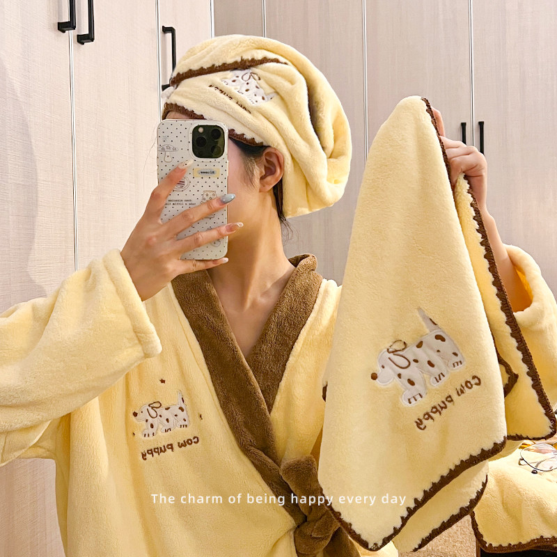 珊瑚绒睡衣女冬季加厚加绒日系卡通小熊性感浴袍中长款睡袍家居服