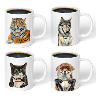 外贸 微笑动物 白色陶瓷马克杯手绘老虎狗狗猫咪创意咖啡茶