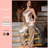 丹尼林欧美跨境冰丝家居服透气露背吊带裙长裤 仿真丝睡衣oversize