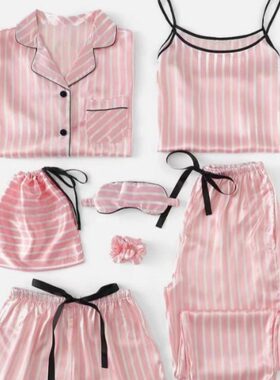 睡衣女春秋七件套装性感条纹冰丝绸家居服宽松韩版薄款睡衣女长袖