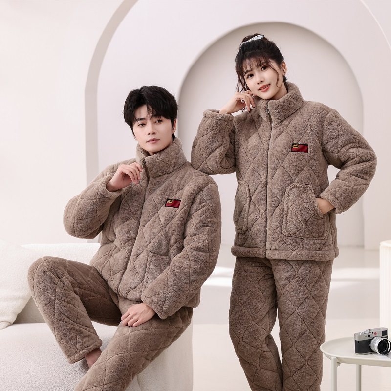 冬季新款男女情侣款睡衣加绒保暖家居服冬款套装大码保暖拉链睡衣