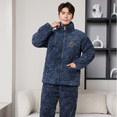 睡衣男冬加厚保暖拉链三层夹棉珊瑚绒大码外穿家居服套装立领纯色