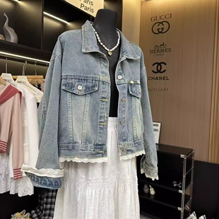 十三行蕾丝牛仔外套女装春装新款时尚欧货宽松拼接夹克短款外套女