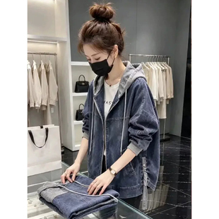 欧货时尚高端中长款连帽牛仔外套女春秋新款宽松慵懒显瘦上衣夹克