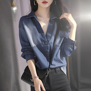 蓝色牛仔衬衫女款春装2026新款爆款轻奢高级感洋气宽松小个子上衣