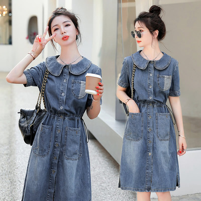 中长女复古休闲短袖牛仔连衣裙