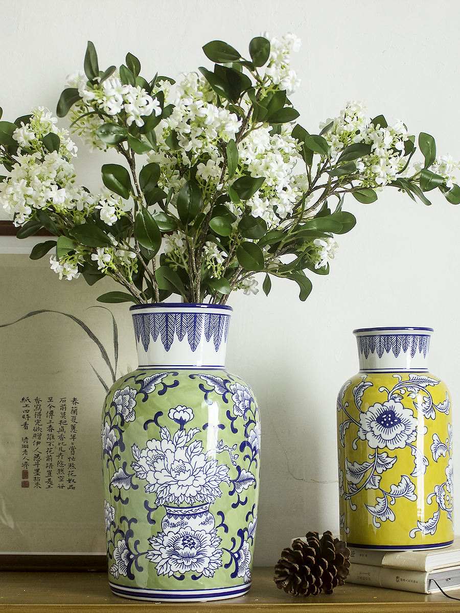 中式陶瓷花瓶新中式青花瓷花器手绘古典中国风茶室玄关绿色摆件