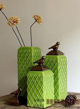 美式乡村风绿色方形陶瓷装饰罐