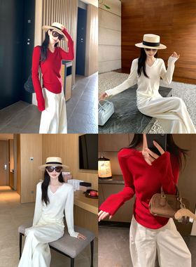 大小姐77 气质羊毛海鸥领显瘦修身V领针织长袖T恤打底针织衫