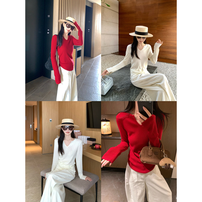 大小姐77 气质羊毛海鸥领显瘦修身V领针织长袖T恤打底针织衫