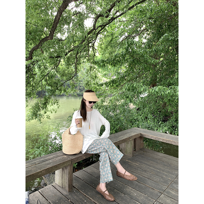 大小姐77重磅100亚麻印花定纺高级感夏日清凉透气花色休闲裤9分裤