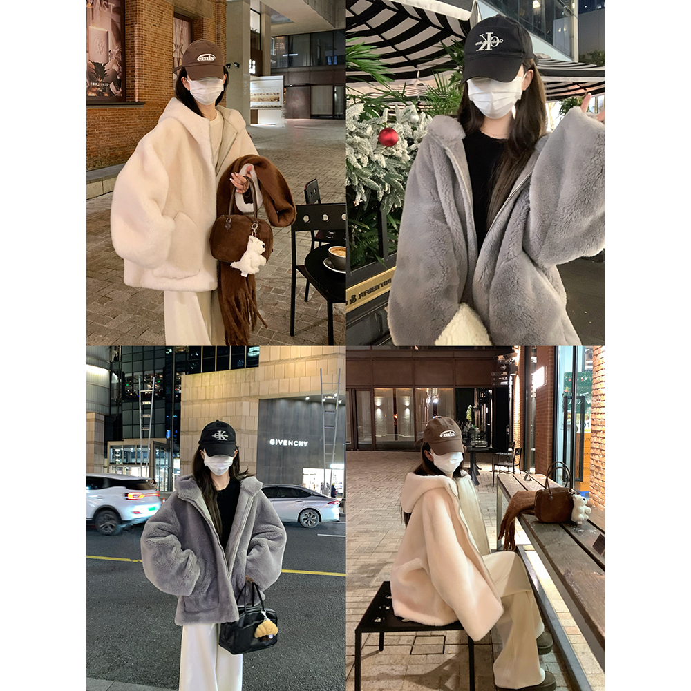 大小姐77通勤连帽毛毛外套