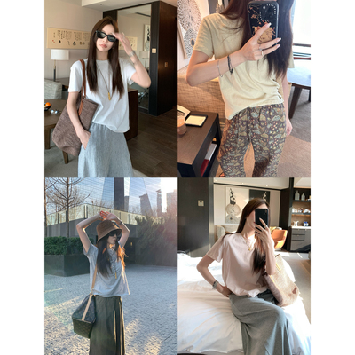 大小姐77囤一打 简简单单卷边领慵懒自在时髦显瘦圆领短袖T恤上衣