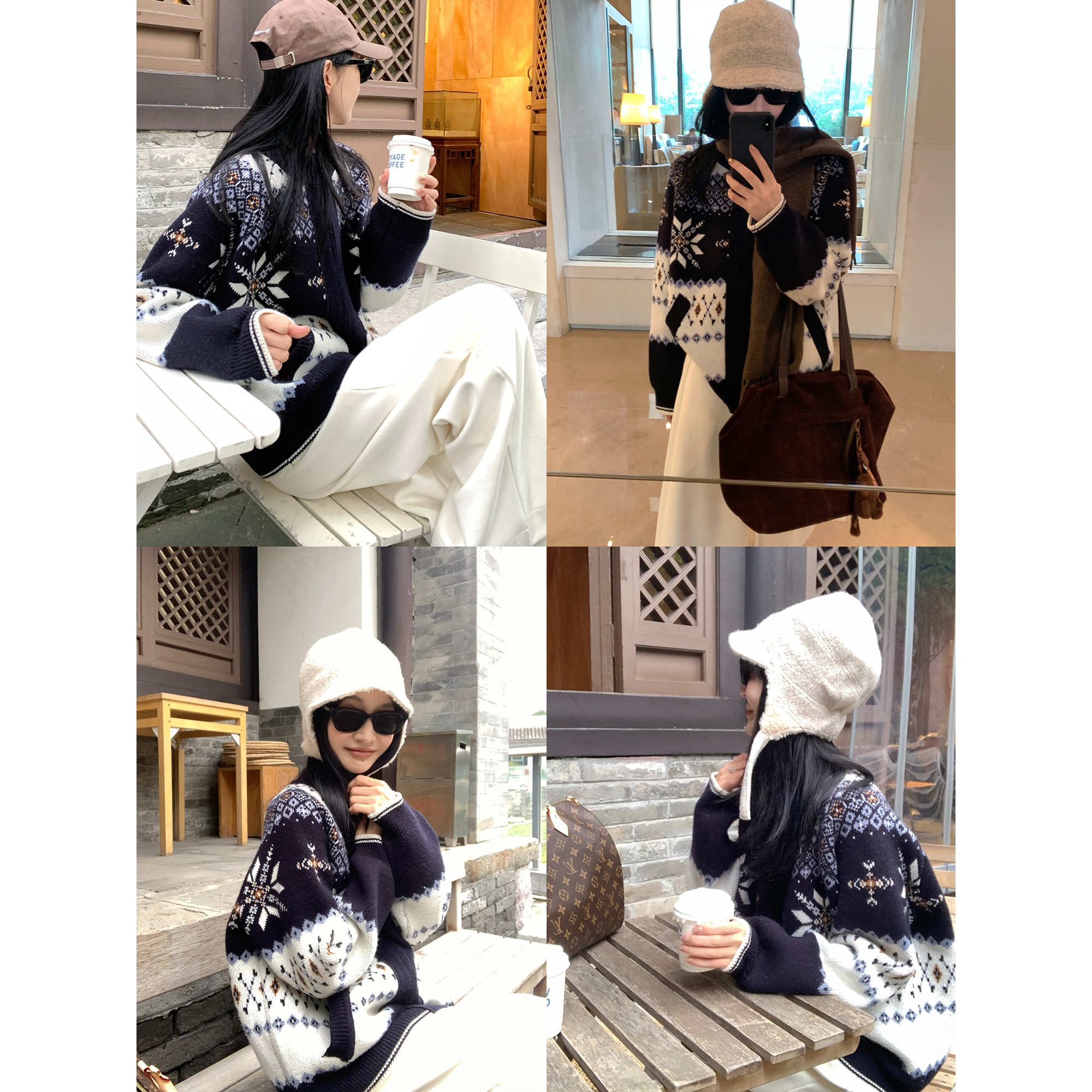 大小姐77重磅高克重复古费尔岛加厚保暖宽松慵懒提花雪花毛衣开衫