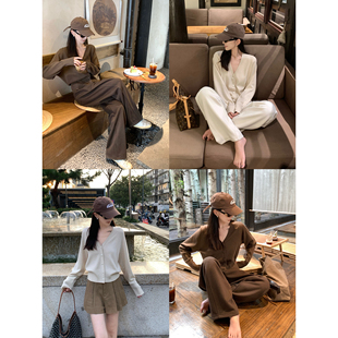 大小姐77 纸片人V领显瘦桑蚕丝丝光羊毛慵懒老钱针织开衫毛衣上衣