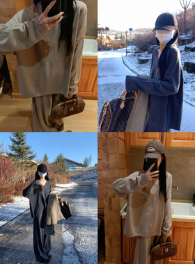 大小姐77 本期必收！14针28支100绵羊毛慵懒松弛V领针织衫阔腿裤