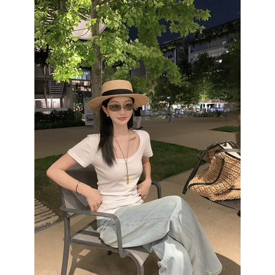 大小姐77 夏日高支100强捻棉干爽透气极简大领口修身显瘦纯色T恤