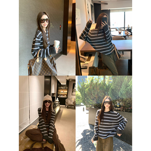 大小姐77高比例baby马海毛羊毛软糯细腻圆领宽松休闲套头条纹毛衣