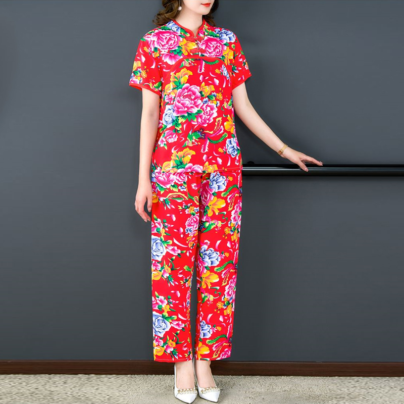 大码女装短袖套装棉绸夏季舞蹈服