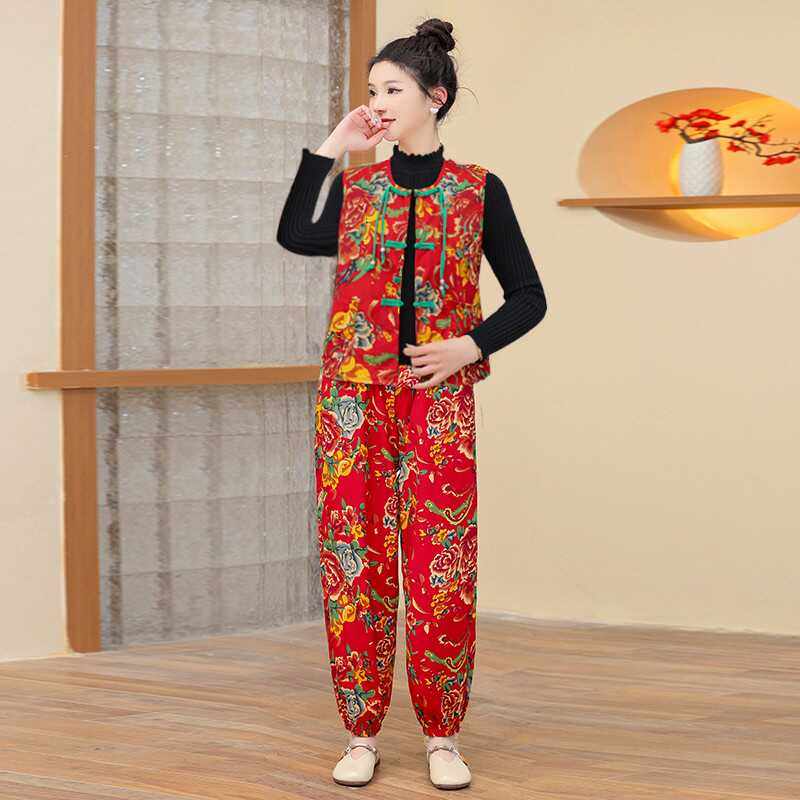 东北大花布套装民族风文艺复古马夹坎肩灯笼裤二件套新中式演出服,女装/女士精品,时尚套装,淘宝优惠券,粉丝福利购,淘宝优惠卷