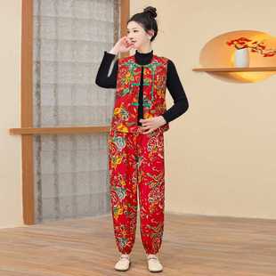 东北大花布套装民族风文艺复古马夹坎肩灯笼裤二件套新中式演出服