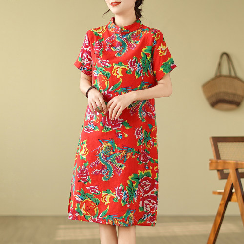 中长裙宽松显瘦夏季棉麻妈妈复古