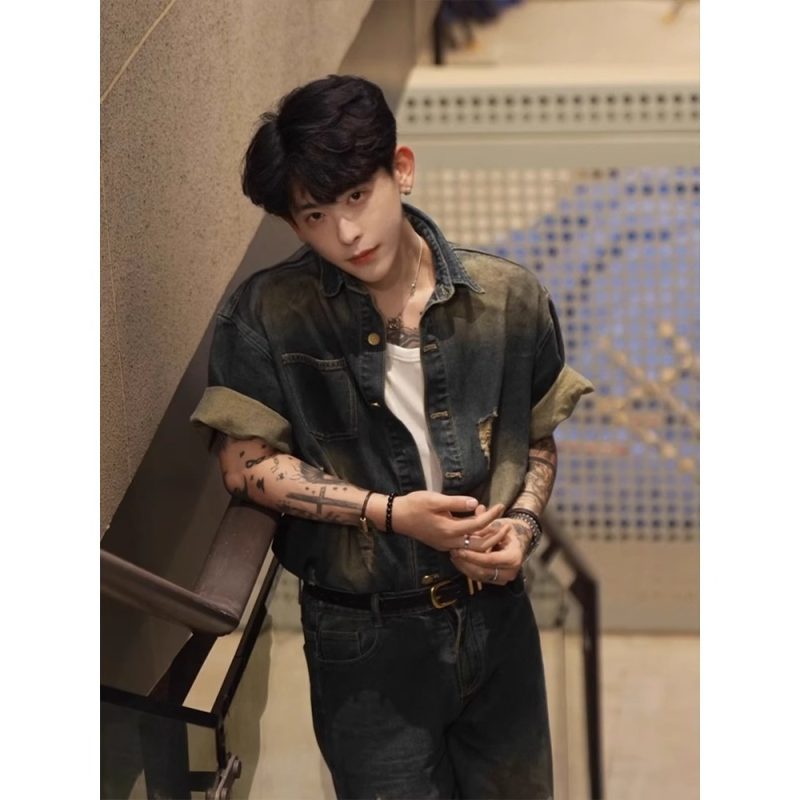 男模美式破洞牛仔短袖阔腿两件套