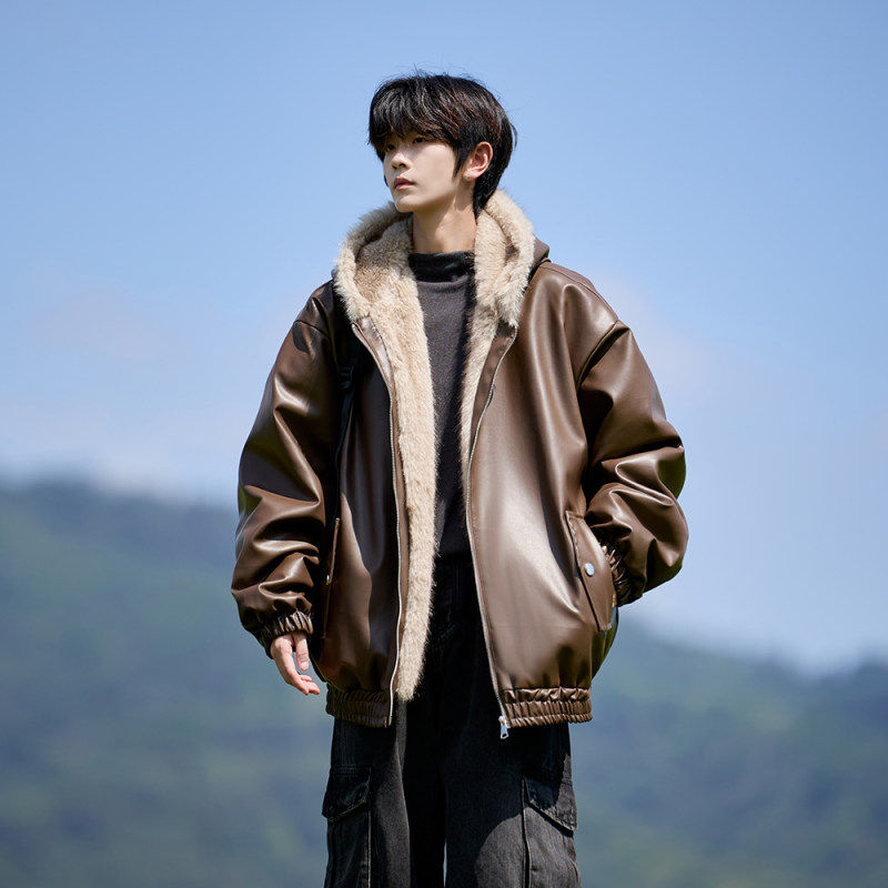 美式复古加厚PU皮座山雕棉服男