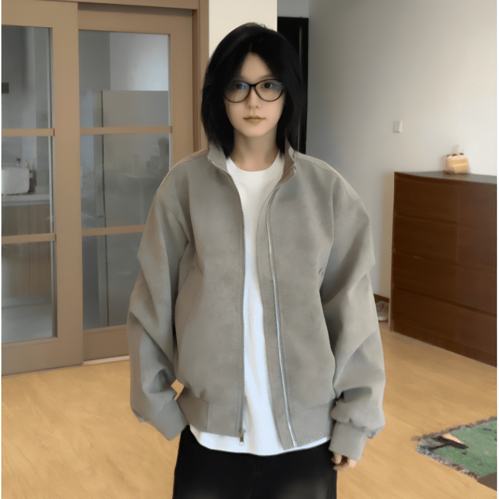 灰色雾面扎染PU立领短款棒球服