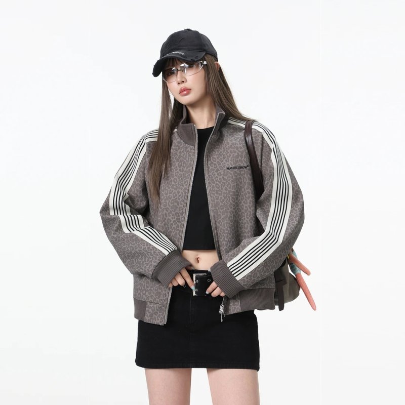 美式复古豹纹PU皮高领夹克男女