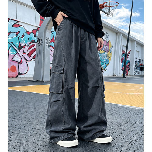 灰色水洗百搭宽松直筒工装裤男