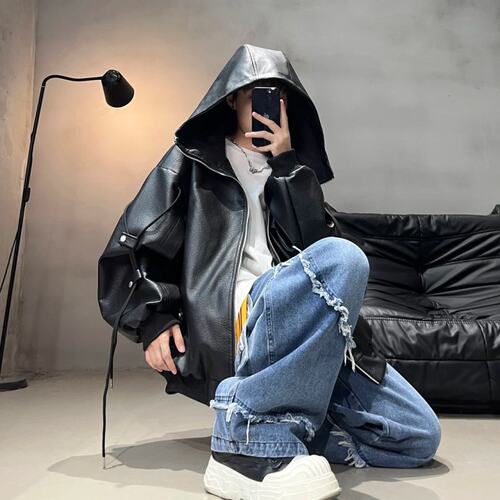 韩系复古PU皮连帽宽松痞帅夹克