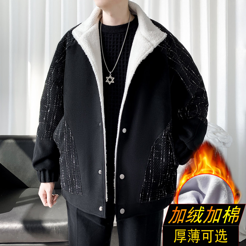 千鸟格毛呢男秋冬加绒加厚夹克