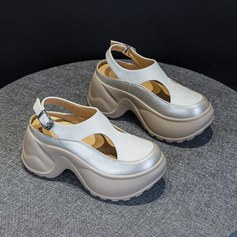 8CM厚底一脚蹬懒人鞋女2025夏季新款镂空透气小个子增高外穿凉鞋