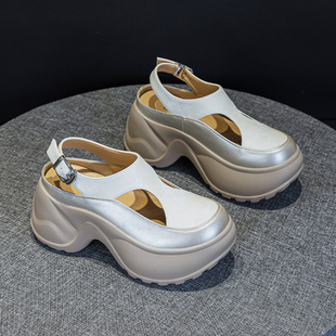 8CM厚底一脚蹬懒人鞋女2025夏季新款镂空透气小个子增高外穿凉鞋