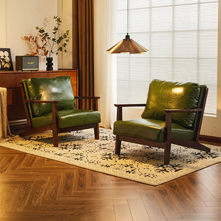 单人舒服小沙发墨绿超纤皮实木单椅小户型客厅休闲椅卧室客厅躺椅