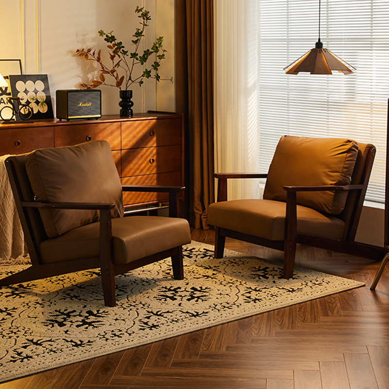 客厅单人沙发椅轻奢高级感小户型躺椅卧室民宿沙发椅胡桃木色椅子